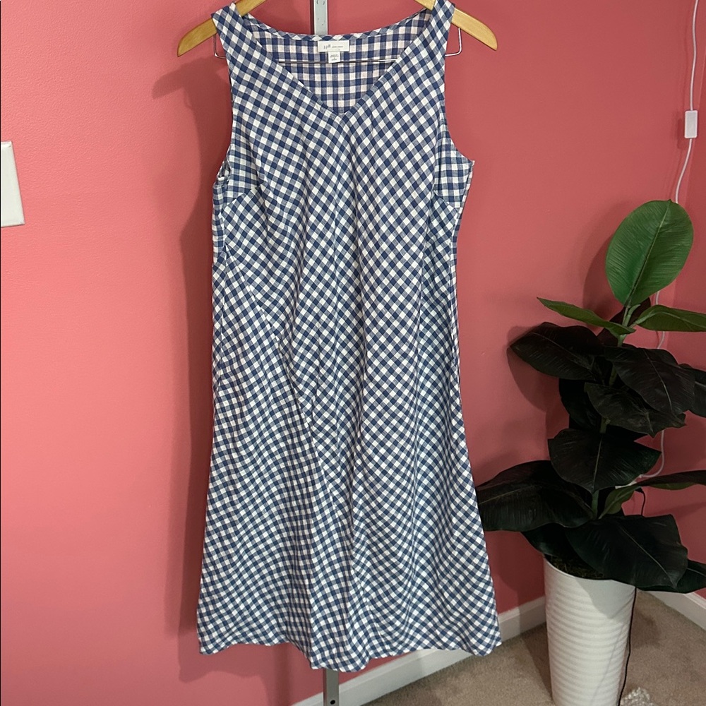 J. Jill Love Linen Blue/White Gingham Sleeveless Shift Dress Petite, Size S